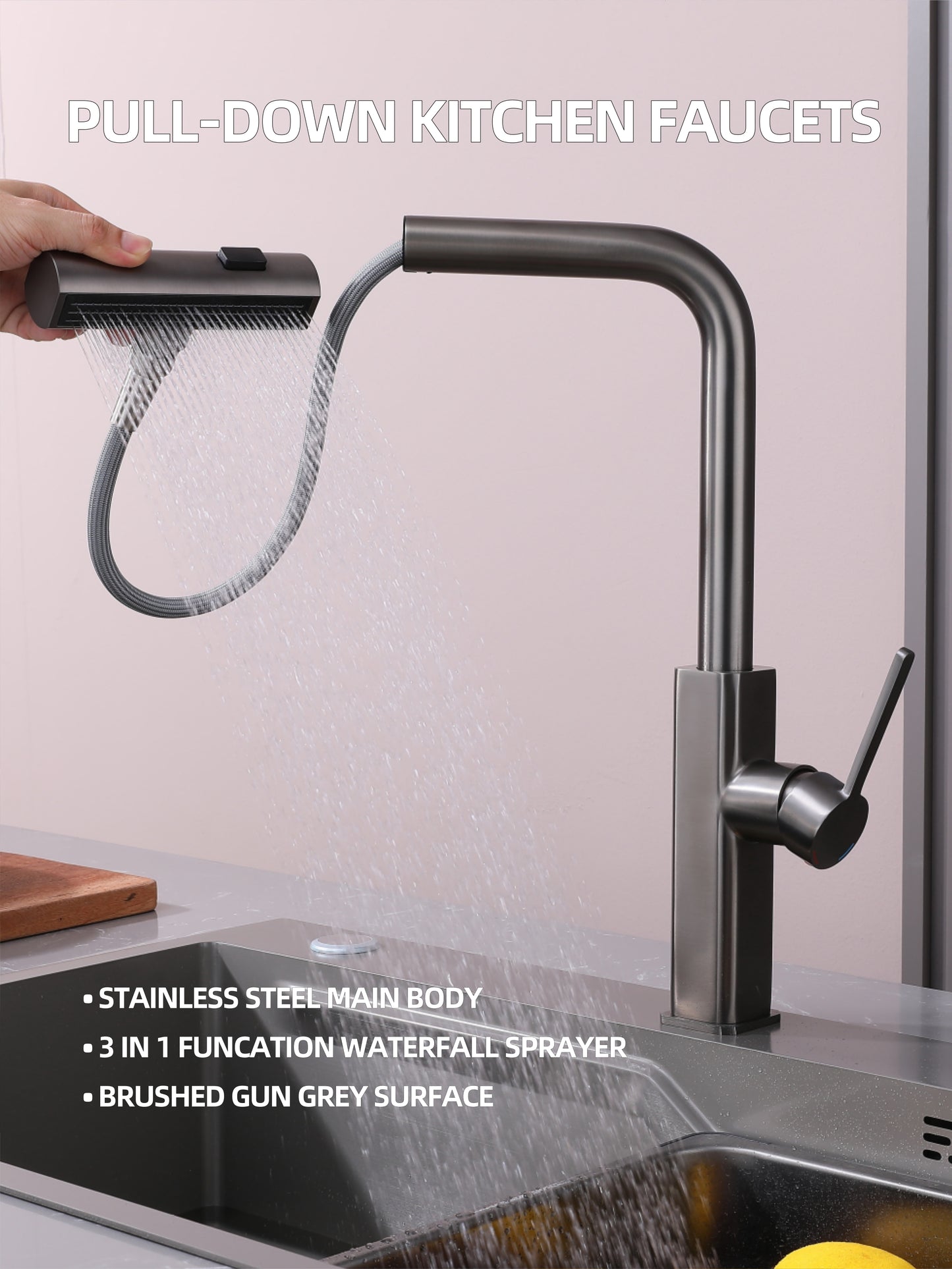 Kitchen Faucets, Brushed Gun Grey Kitchen Faucet with Pull Down Sprayer, 360 Swivel Waterfall Kitchen Faucet, Single Handle Stainless Steel Kitchen Faucets for Sink