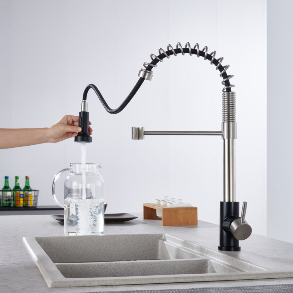 KF-F-007 Stainless Steel Brushed Matte Black Spring Pull Out Sprayer Kitchen Faucet for Kitchen Sink